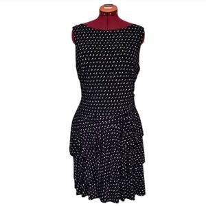 SZ18 Lauren Ralph Lauren Polka Dot Dress Asymmetrical Ruffles Ruching Black